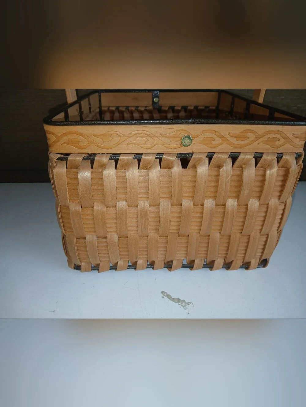 Rectangular Wicker & Metal Basket W Handle Great Shape Very Sturdy
